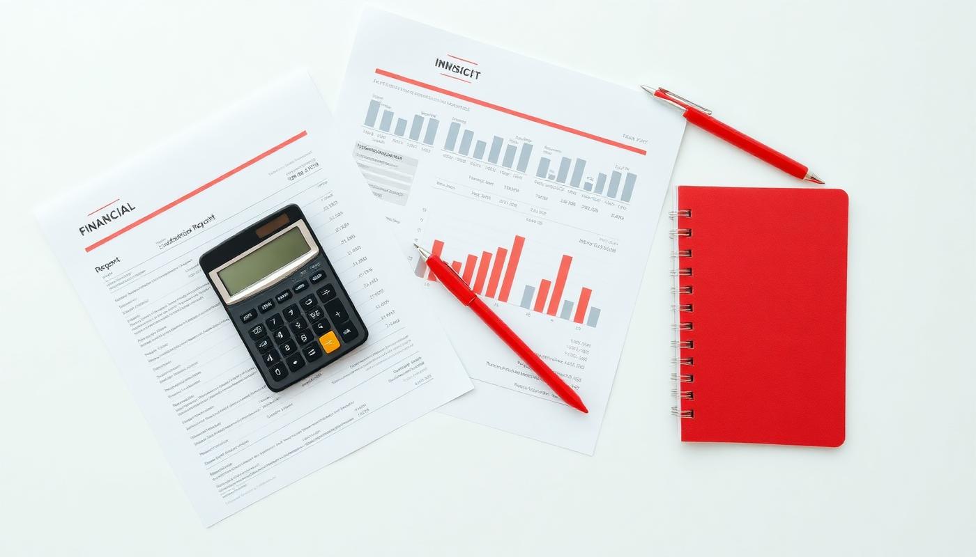 Financial documents, calculator and notebook on a desk